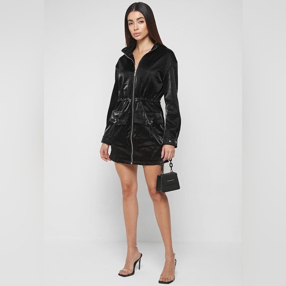 MDV Black Drawstring Croc Effect Waist Zip-Front Women’s Jacket UK 10 (US 6)